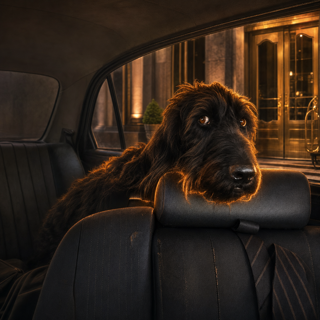 The black dog in the back seat of a car at night, looking out at the brass doors of a grand hotel